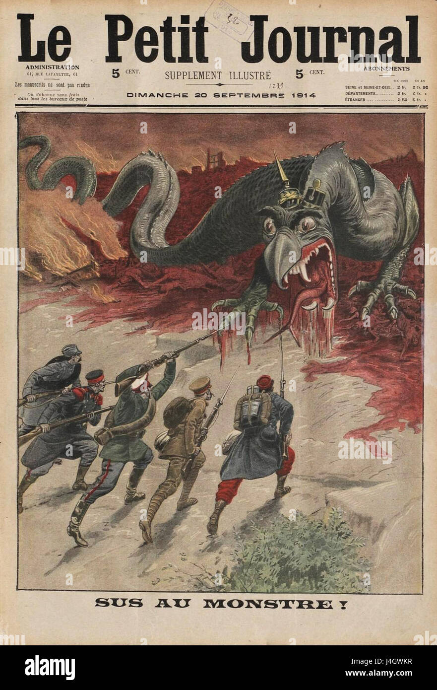 Illustrazione di copertina del giornale francese le Petit Journal, datato 20 settembre 1914, che raffigura il tema di "Sus au monstre!", con immagini drammatiche in tempo di guerra. Foto Stock