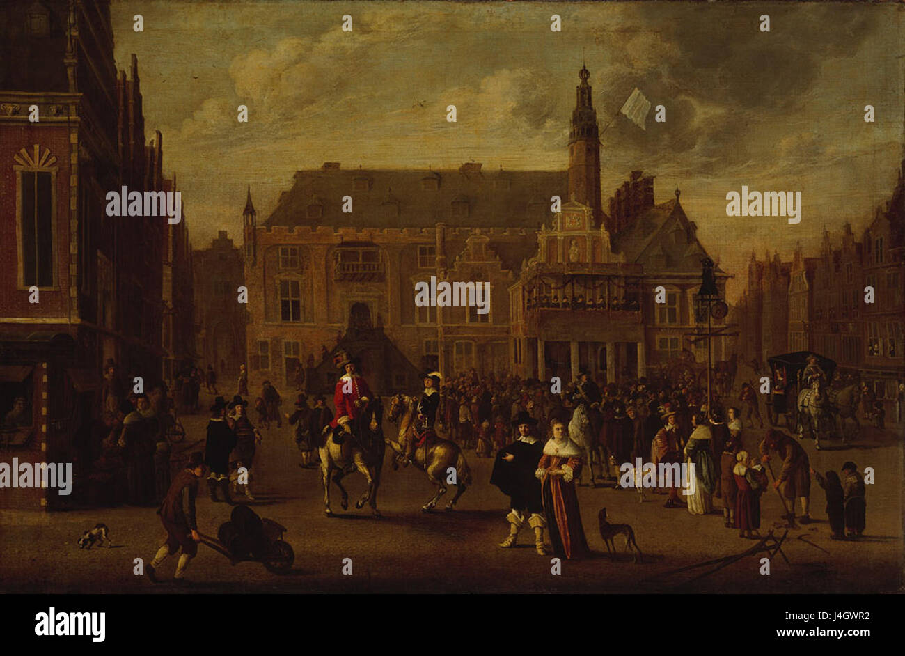Questo dipinto raffigura il Grote Markt di Haarlem durante un evento festivo, in occasione della proclamazione della Pace di Vestfalia nel 1648, che pose fine alla Guerra dei Trent'anni in Europa. Foto Stock