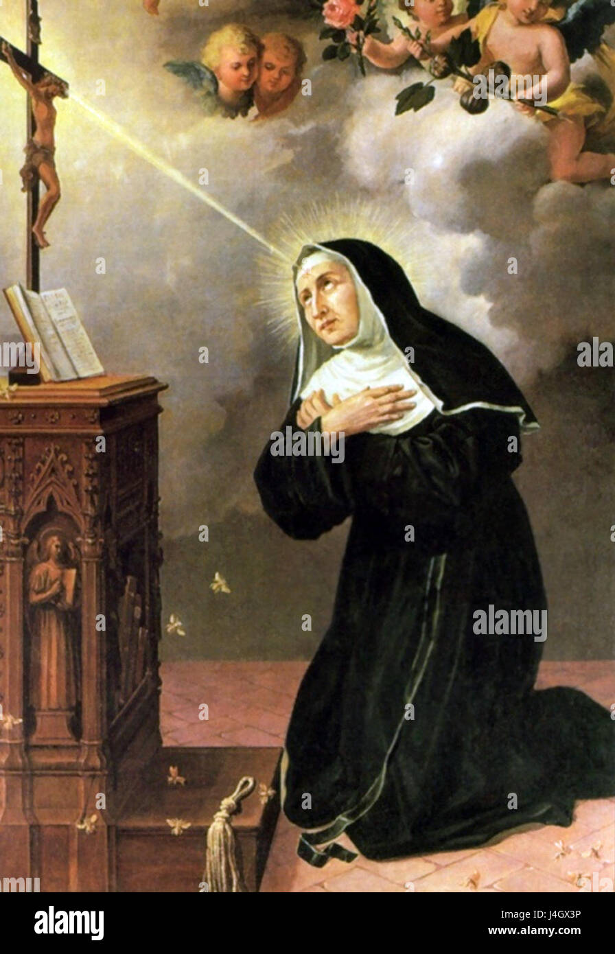 S. Rita da Cascia è stata una santa italiana nota per la sua pietà e dedizione alla vita religiosa. È spesso raffigurata nell'arte, in particolare per il suo ruolo nella Chiesa cattolica e come modello di fede e perseveranza. Foto Stock