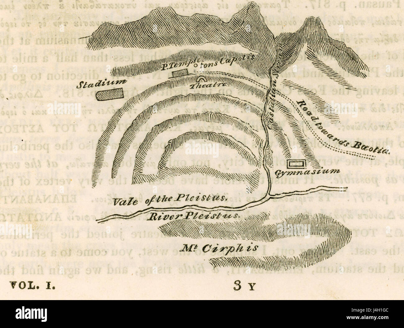 Questa mappa o illustrazione di Hughes Thomas Smart del 1820 fornisce un profilo approssimativo del Tempio di Delfi, uno dei siti archeologici più significativi dell'antica Grecia. L'opera mostra la disposizione del tempio e delle strutture circostanti, offrendo approfondimenti sull'architettura greca e sulle antiche pratiche religiose. Foto Stock