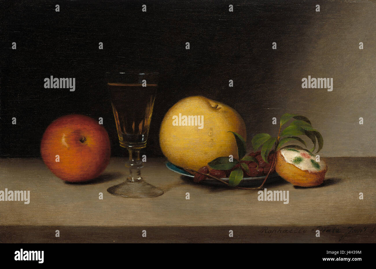 Natura morta con mele, Sherry, tè e torta un27264 Foto Stock Natura morta con mele, Sherry, tè e torta un27264 Foto Stock