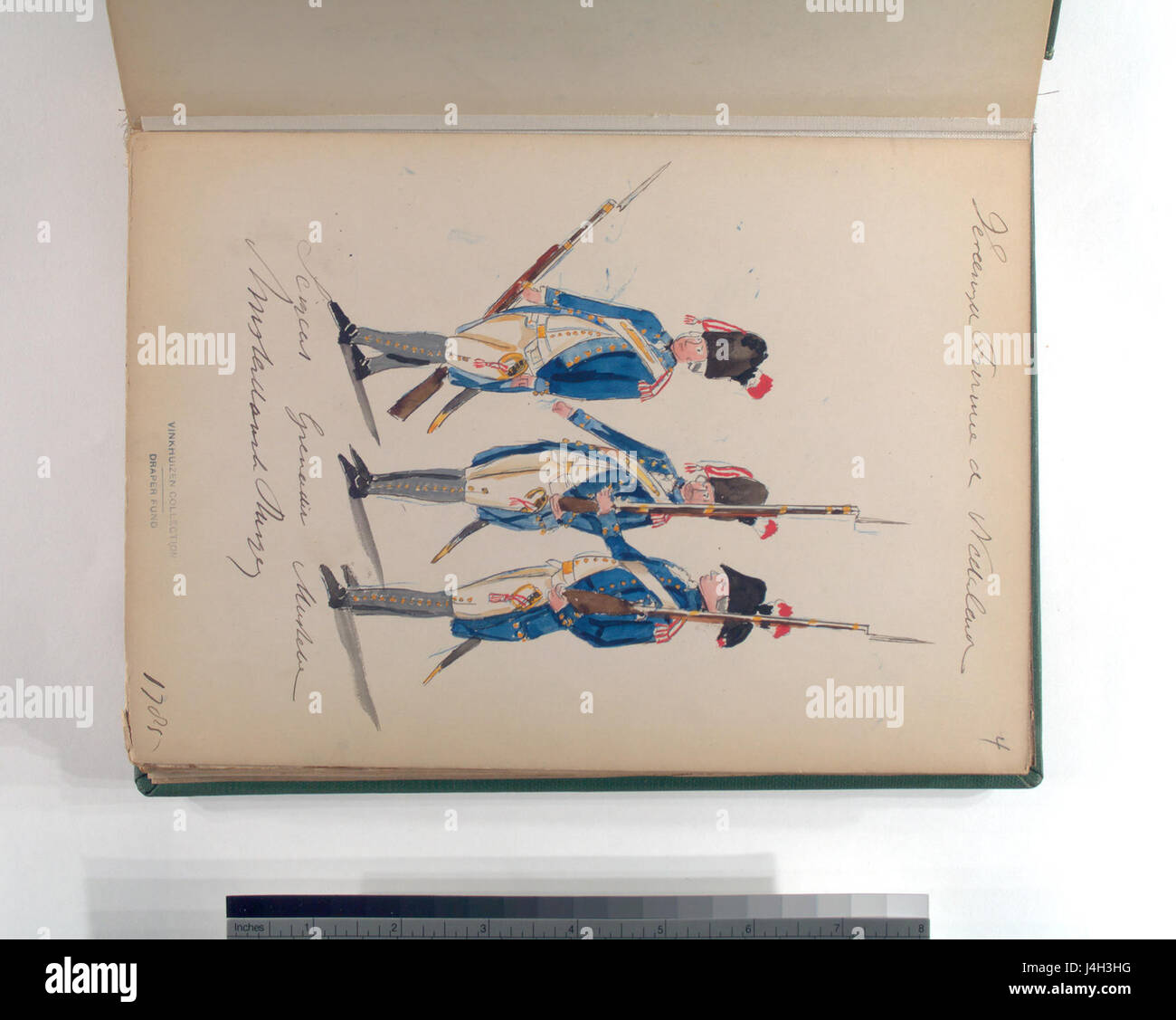 Una rappresentazione storica dei ruoli militari nel Burgerij di Amsterdam nel 1785, mostrando i soldati in uniforme tra cui sergente, granatiere e muschiere. Foto Stock