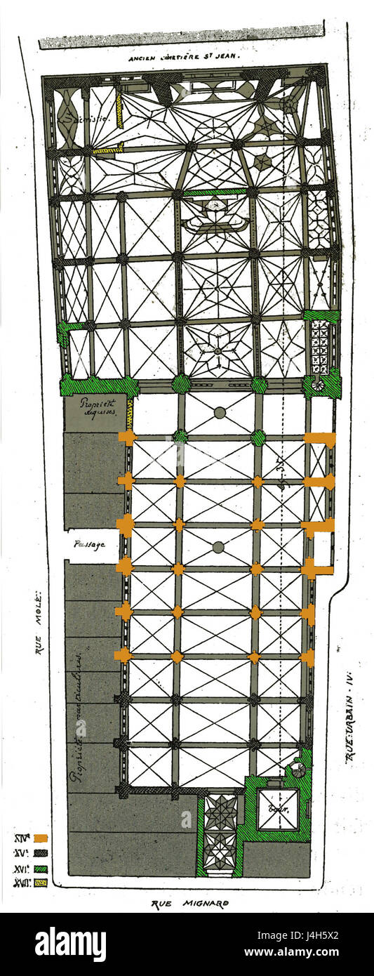 Questa pianta raffigura la chiesa di St. Jean con la sua torre e il portico, che mostra elementi architettonici tipici del periodo. Il design evidenzia il significato storico e religioso della struttura. Foto Stock