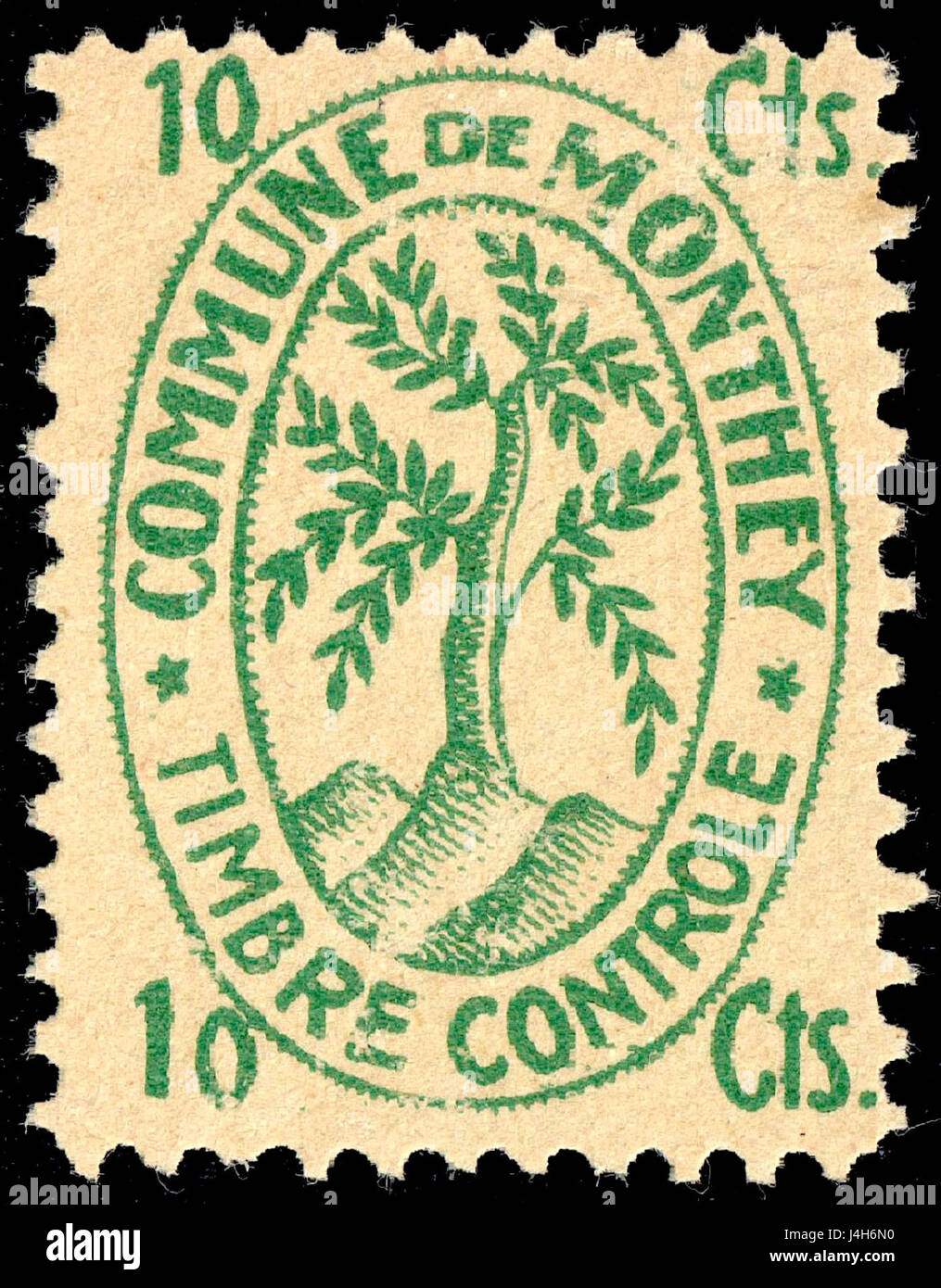 Questo messaggio postale svizzero mostra Monthey, una città del Vallese, con un francobollo di 10c dell'inizio del XX secolo, che raffigura i suoi monumenti locali e la storia postale. Foto Stock