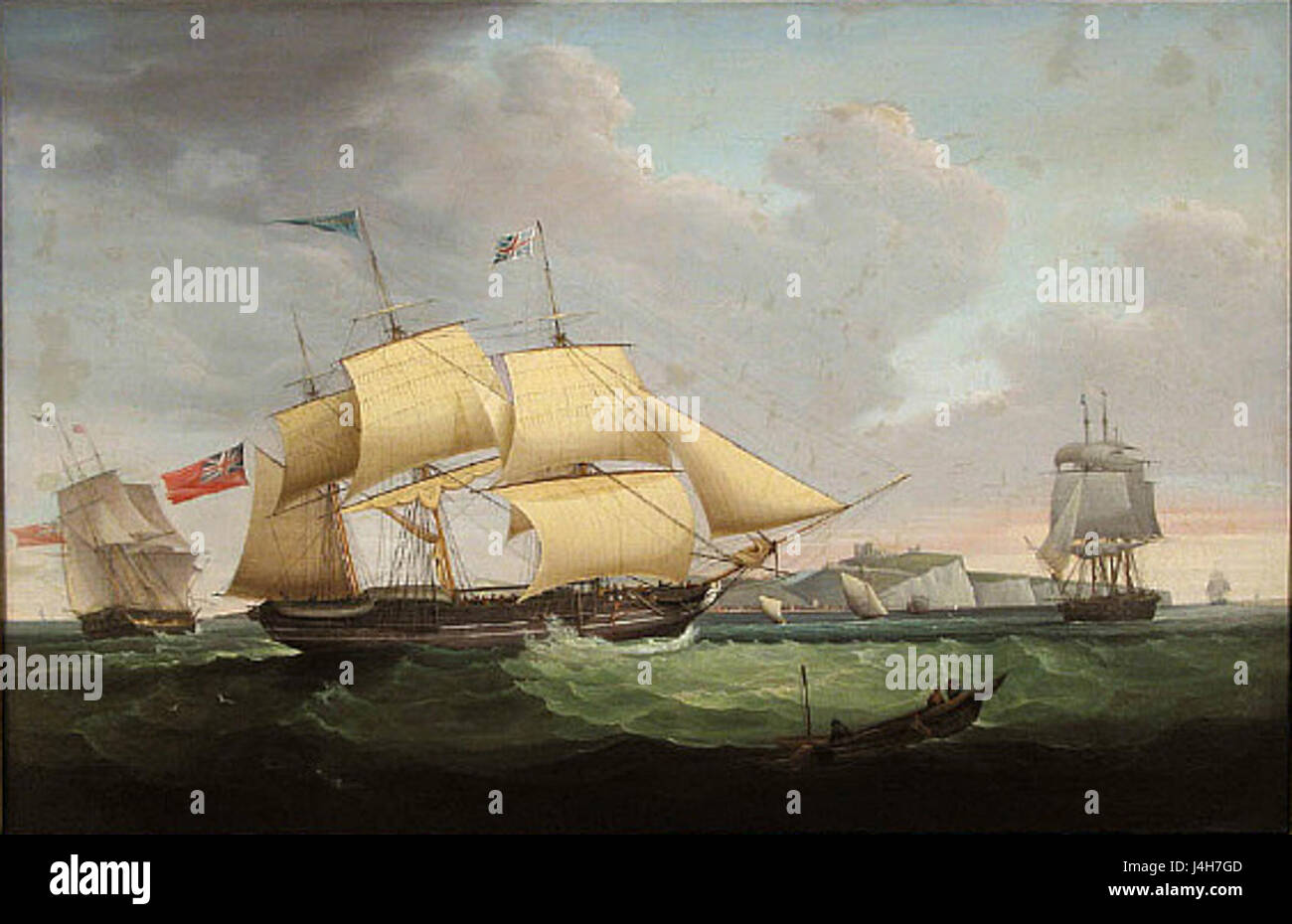 L'opera d'arte di S. D. Skillett raffigura la nave Harriet che segnala un pilota al largo di dover, evidenziando la comunicazione marittima e l'importanza del pilotaggio nella navigazione nautica. Foto Stock