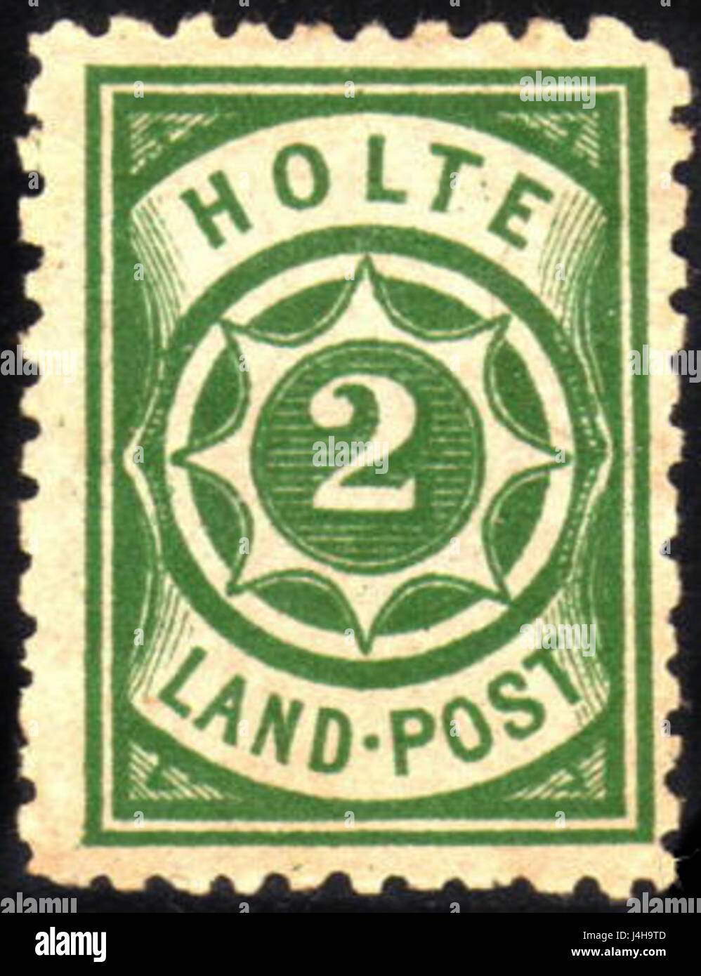 Questo francobollo, emesso nel 1872 a Holte, Danimarca, riflette la storia postale della fine del XIX secolo, in particolare in Danimarca. Offre informazioni dettagliate sui design dei sistemi postali e sui timbri storici. Foto Stock