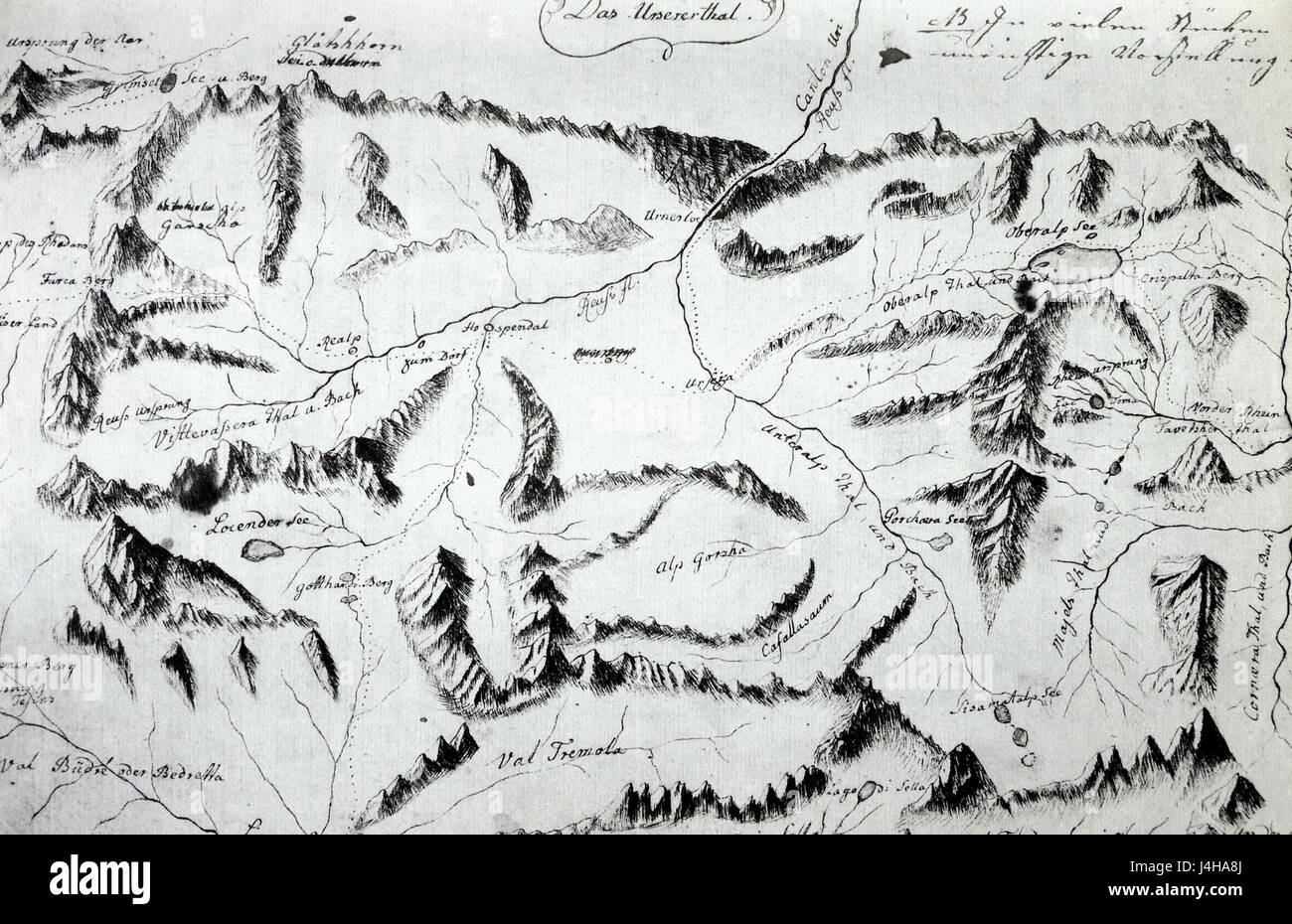 Una mappa della regione urserentale, creata da Placidus a Spescha, un monaco benedettino svizzero e cartografo. Foto Stock