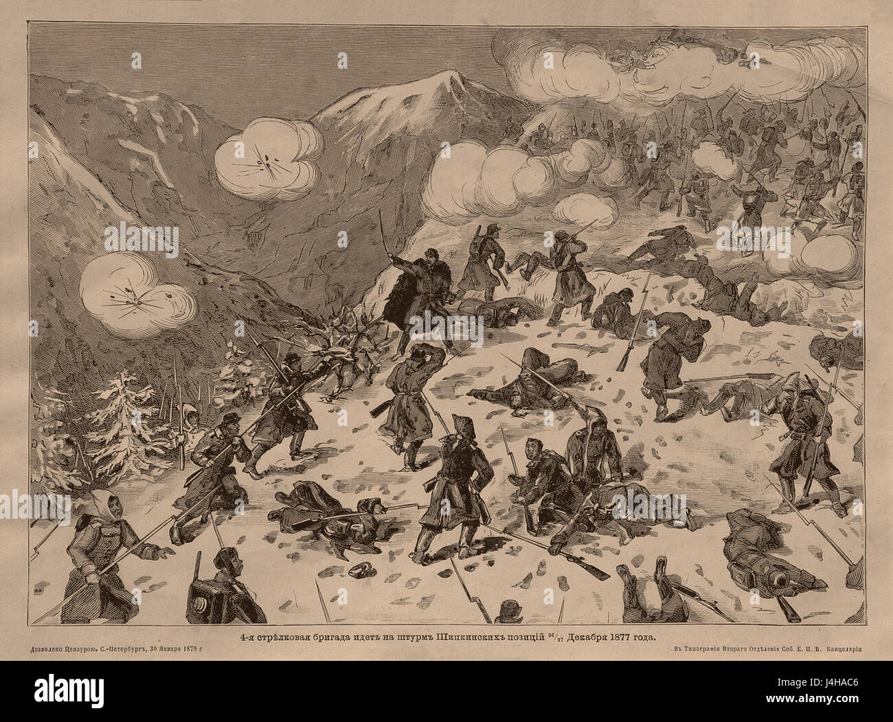 Il passo di Shipka è uno storico passo di montagna in Bulgaria, noto per il suo ruolo significativo nella guerra russo-turca del 1877-1878. Un'incisione probabilmente raffigura questo luogo importante, che fu il luogo di una battaglia cruciale tra le forze russe e ottomane. Foto Stock