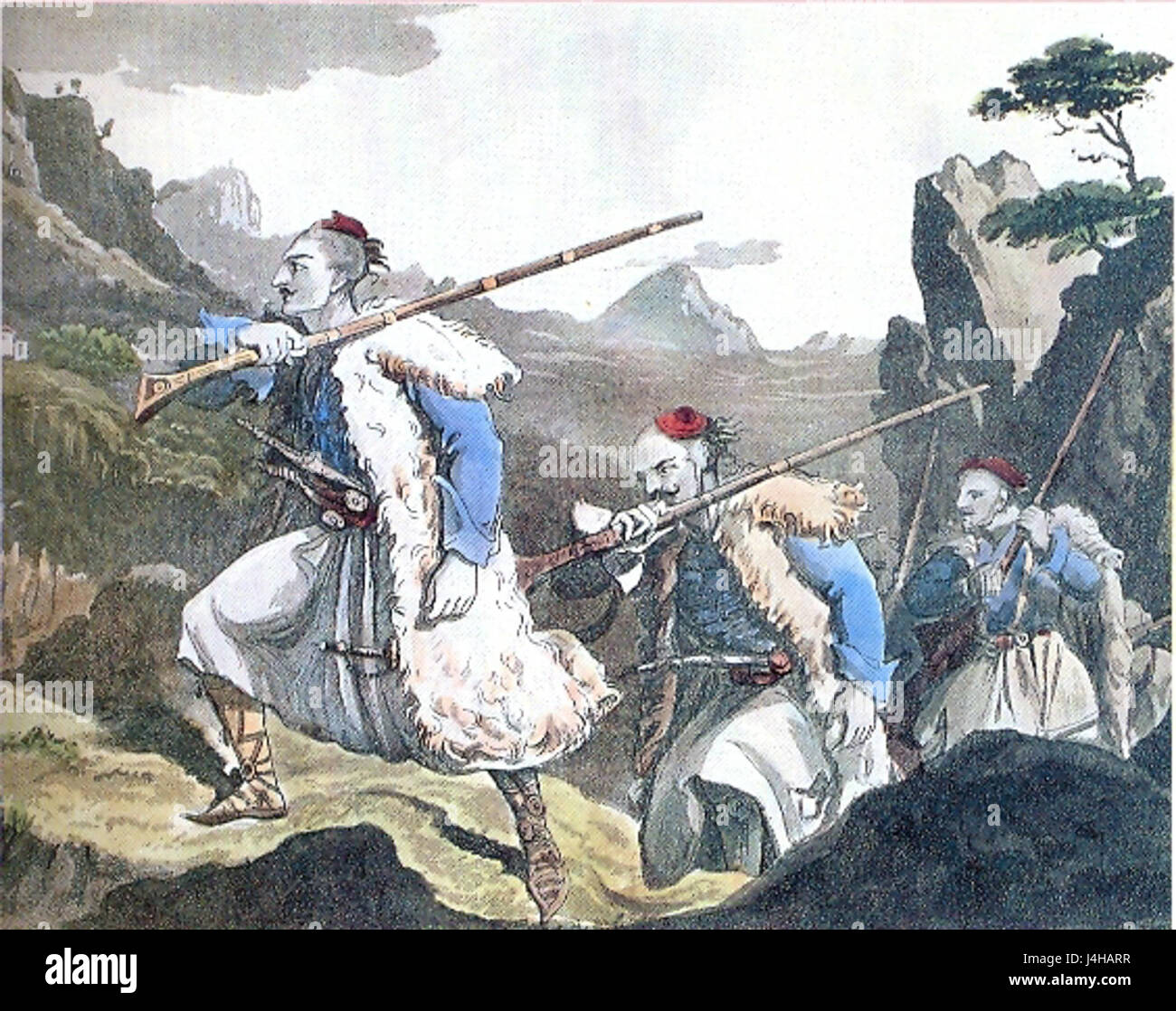 Il dipinto di Souliote del XIX secolo raffigura l'identità storica e culturale dei Soulioti, un gruppo proveniente dalla regione dell'Epiro in Grecia, noto per il loro ruolo nella guerra d'indipendenza greca. Le opere d'arte catturano i loro abiti distintivi, i paesaggi aspri e l'etica dei guerrieri. Foto Stock