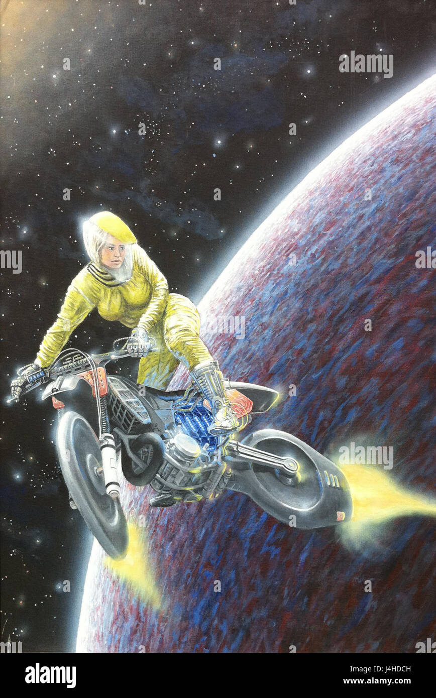 Space Motocross si riferisce a una versione immaginaria o futuristica del motocross nello spazio, che combina sport motoristici ad alta velocità con elementi di fantascienza. Questo concetto potrebbe coinvolgere veicoli che navigano su terreni extraterrestri in un formato gara. Foto Stock