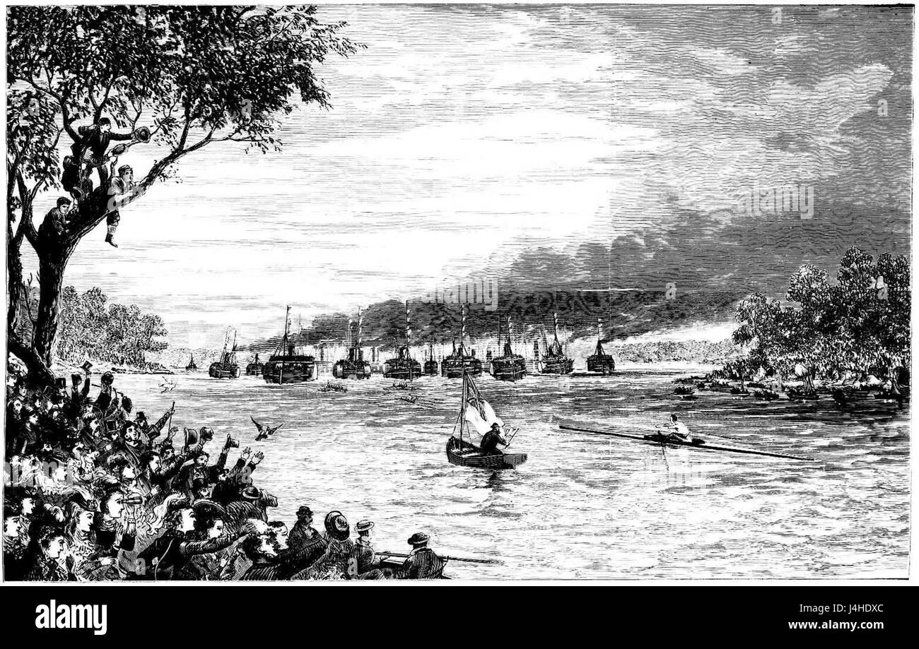 Il match di sculling del 1877 tra Rush e Trickett fu una storica competizione di canottaggio, dove entrambi gli atleti gareggiavano in una prova di velocità e resistenza nello sport di sculling, mostrando la loro abilità e atleticità. Foto Stock