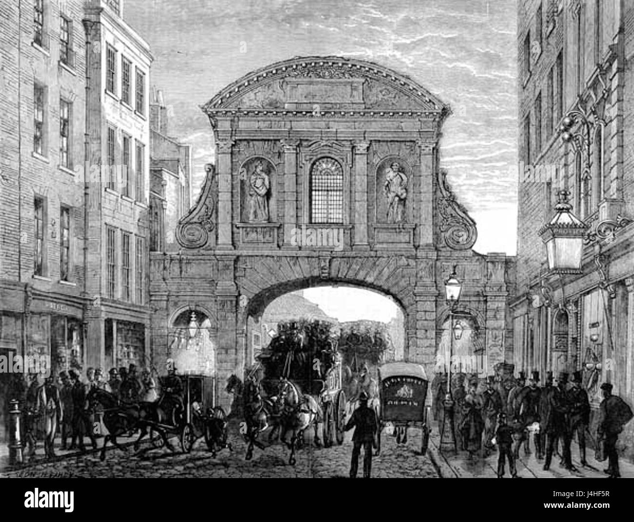 Questa illustrazione del 1870 raffigura Temple Bar a Dublino, in Irlanda, mostrando le sue strade affollate e l'atmosfera vivace durante la fine del XIX secolo, come catturato dall'Illustrated London News (ILN). Foto Stock