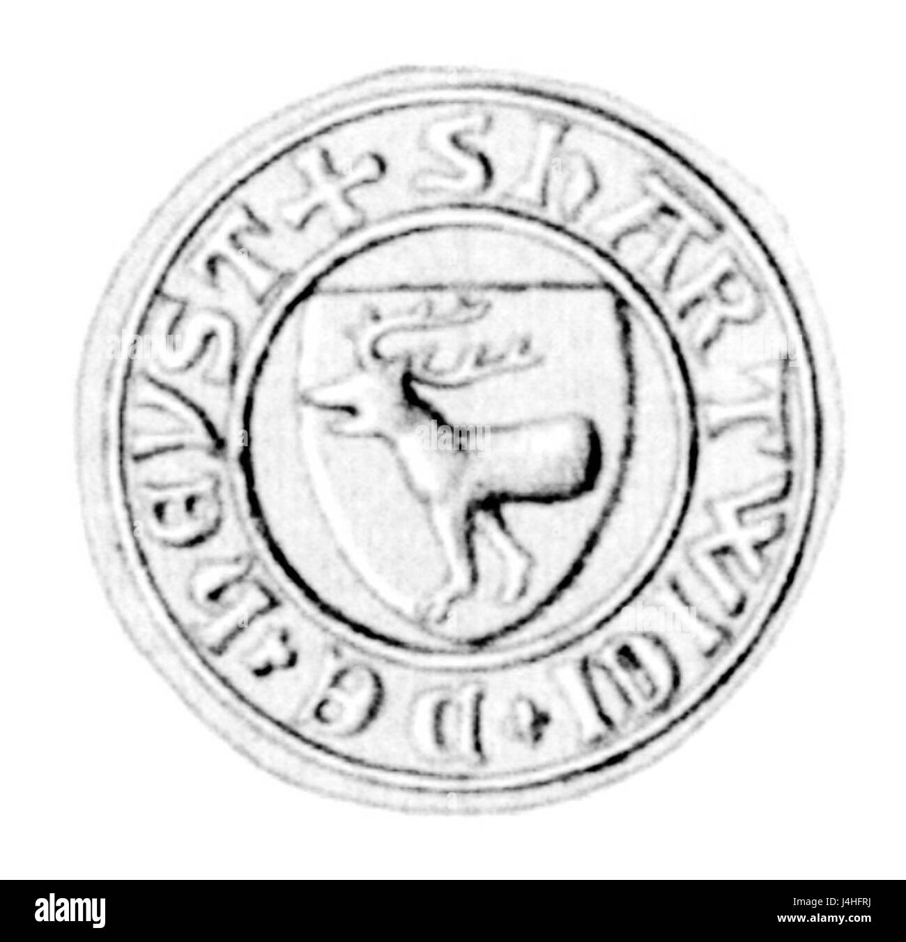 Il sigillo di Hartwicus Heest, datato 1375, è un emblema storico del tardo medioevo, potenzialmente rappresentante una figura nobile o ecclesiastica. Sigilli come questi sono stati utilizzati per scopi ufficiali, come l'autenticazione di documenti o l'identificazione di individui nei registri storici. Foto Stock