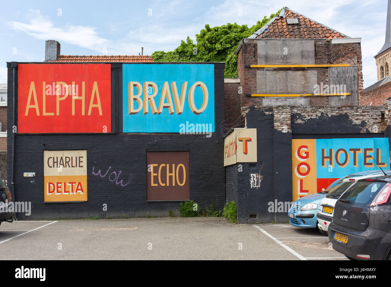 Murale di Jeff Canham, parte delle pareti cieche progetto nella Gallery di Breda, Paesi Bassi Foto Stock