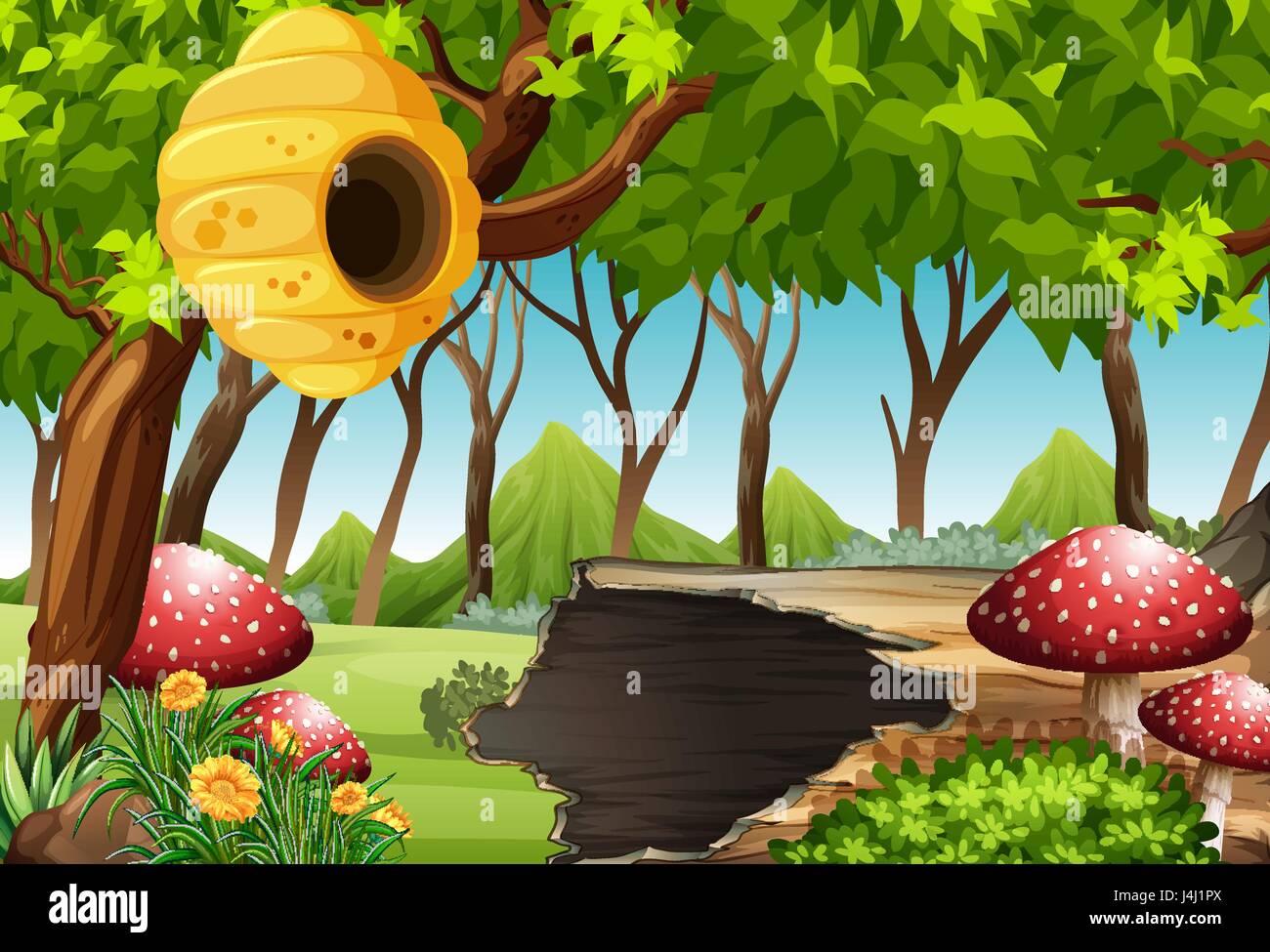 Scena di foresta con arnia e illustrazione di funghi Illustrazione Vettoriale