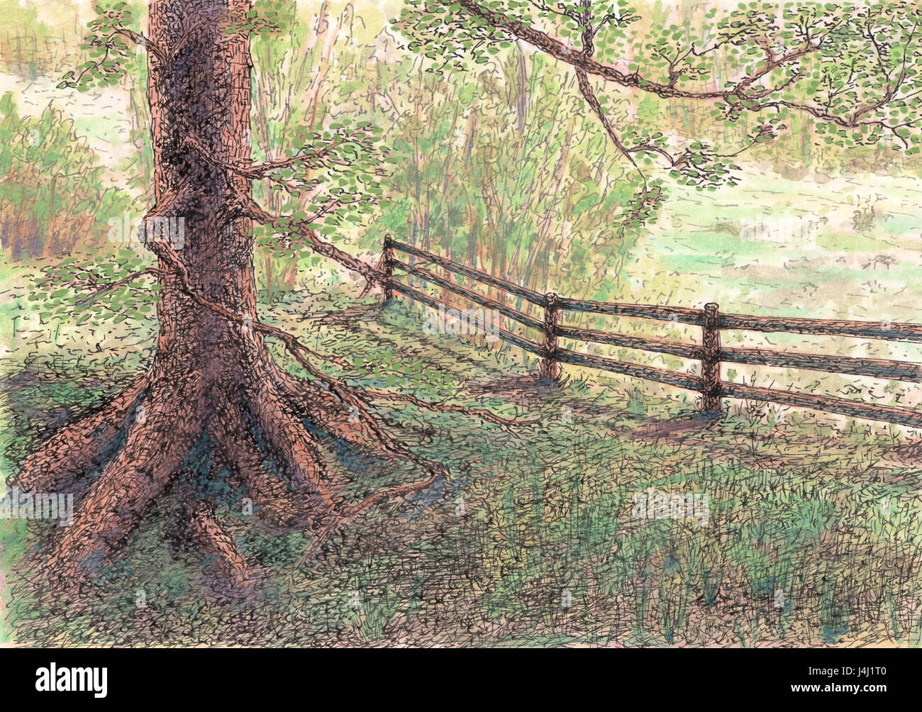 Un albero e una recinzione. Inchiostro e gouache su carta. Foto Stock