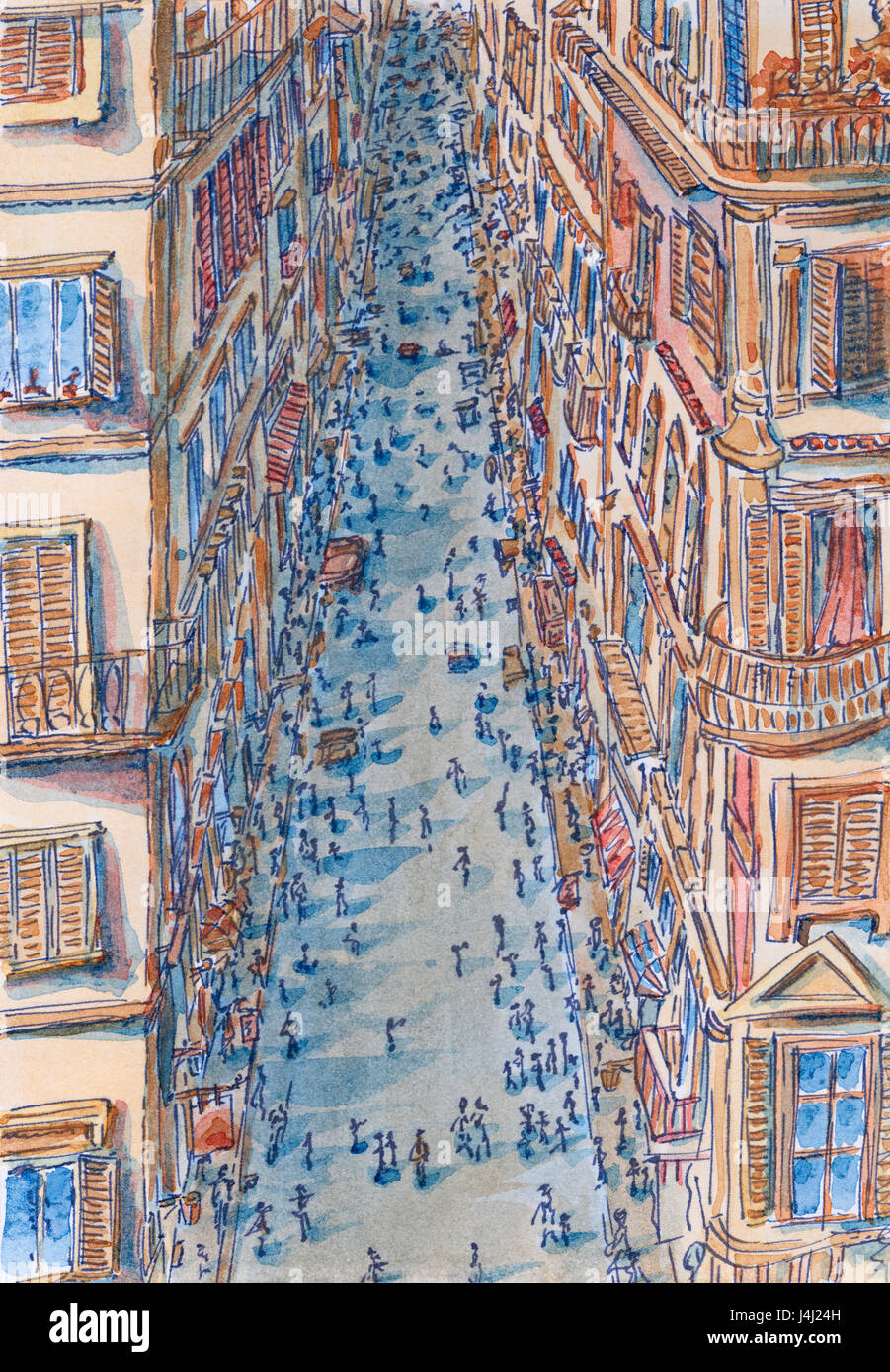 Strada di Roma ad alto angolo di visione. Disegna linee e acquerello su carta. Foto Stock