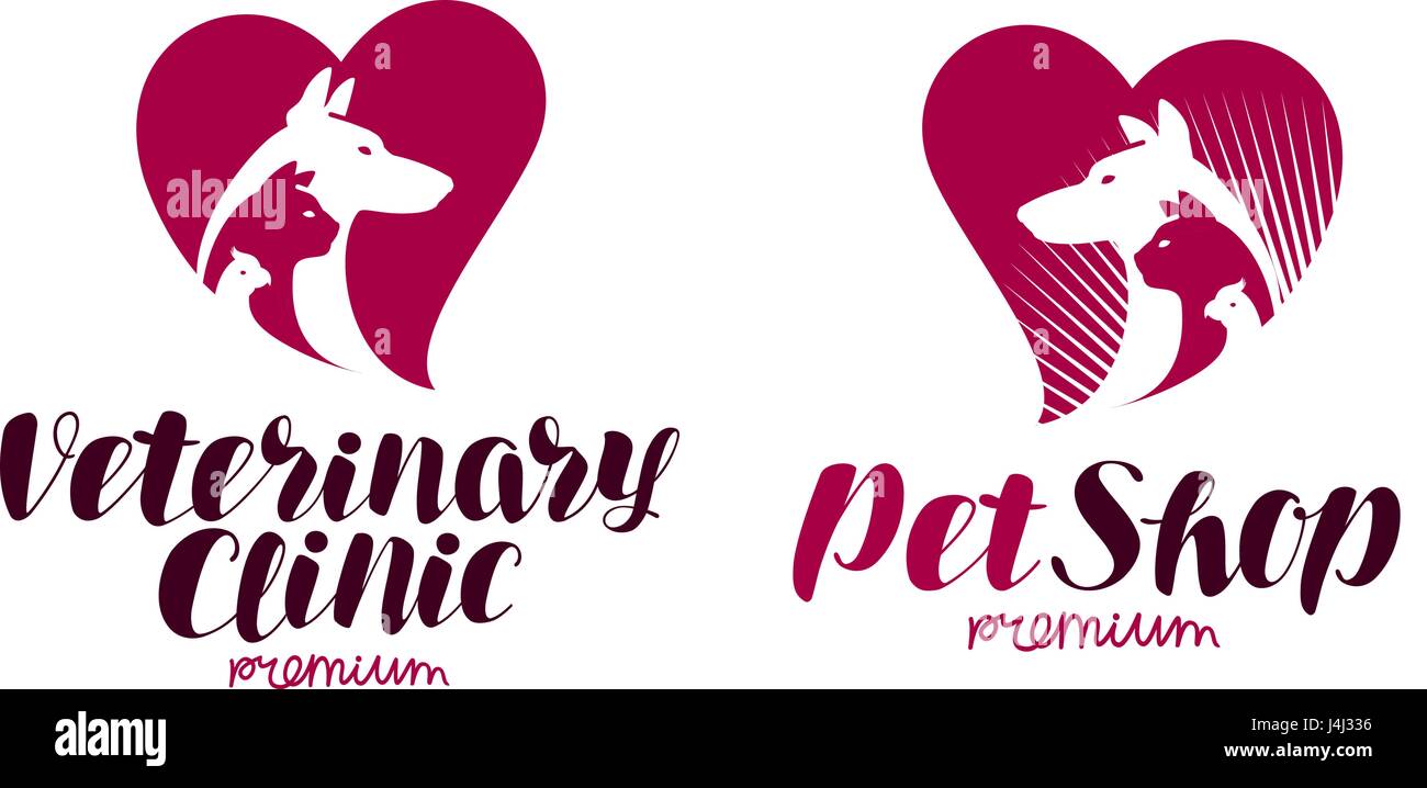 Pet Shop, clinica veterinaria logo. Animali, cane, gatto, Parrot Icona o simbolo. L'etichetta illustrazione vettoriale Illustrazione Vettoriale