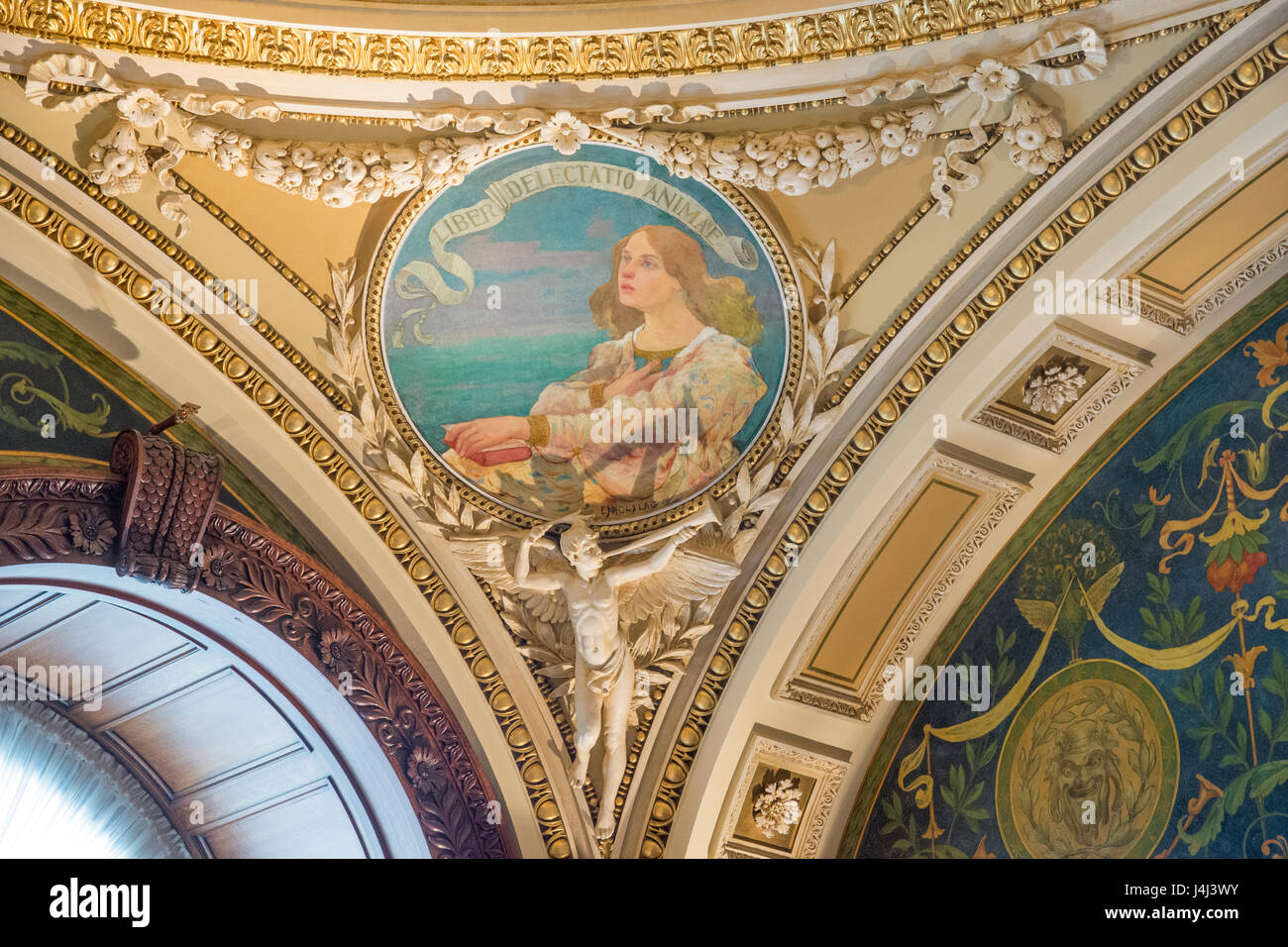 Altamente dettagliata angolo del soffitto di un ufficio in Thomas Jefferson edificio della Biblioteca del Congresso a Washington, DC. Foto Stock