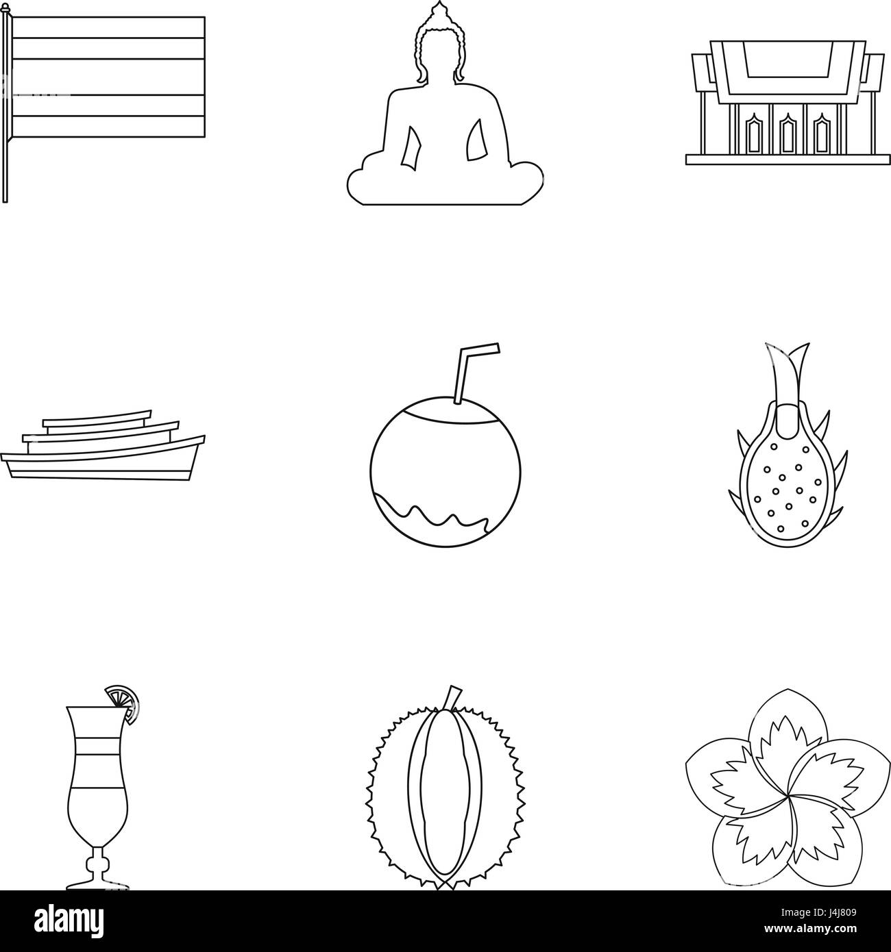 Vacanza in Thailandia set di icone di stile di contorno Illustrazione Vettoriale