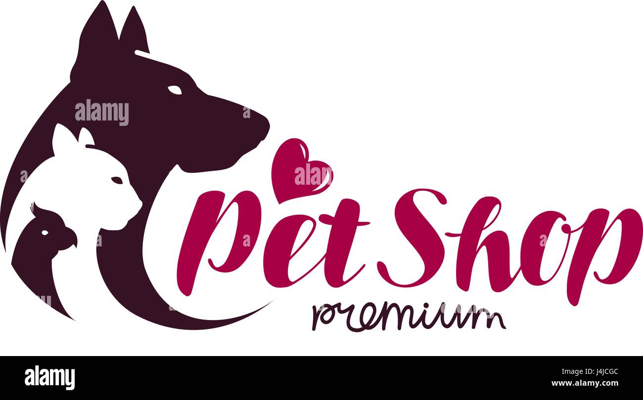 Pet Shop logo. Animali gatto, cane, icona pappagallo. Illustrazione