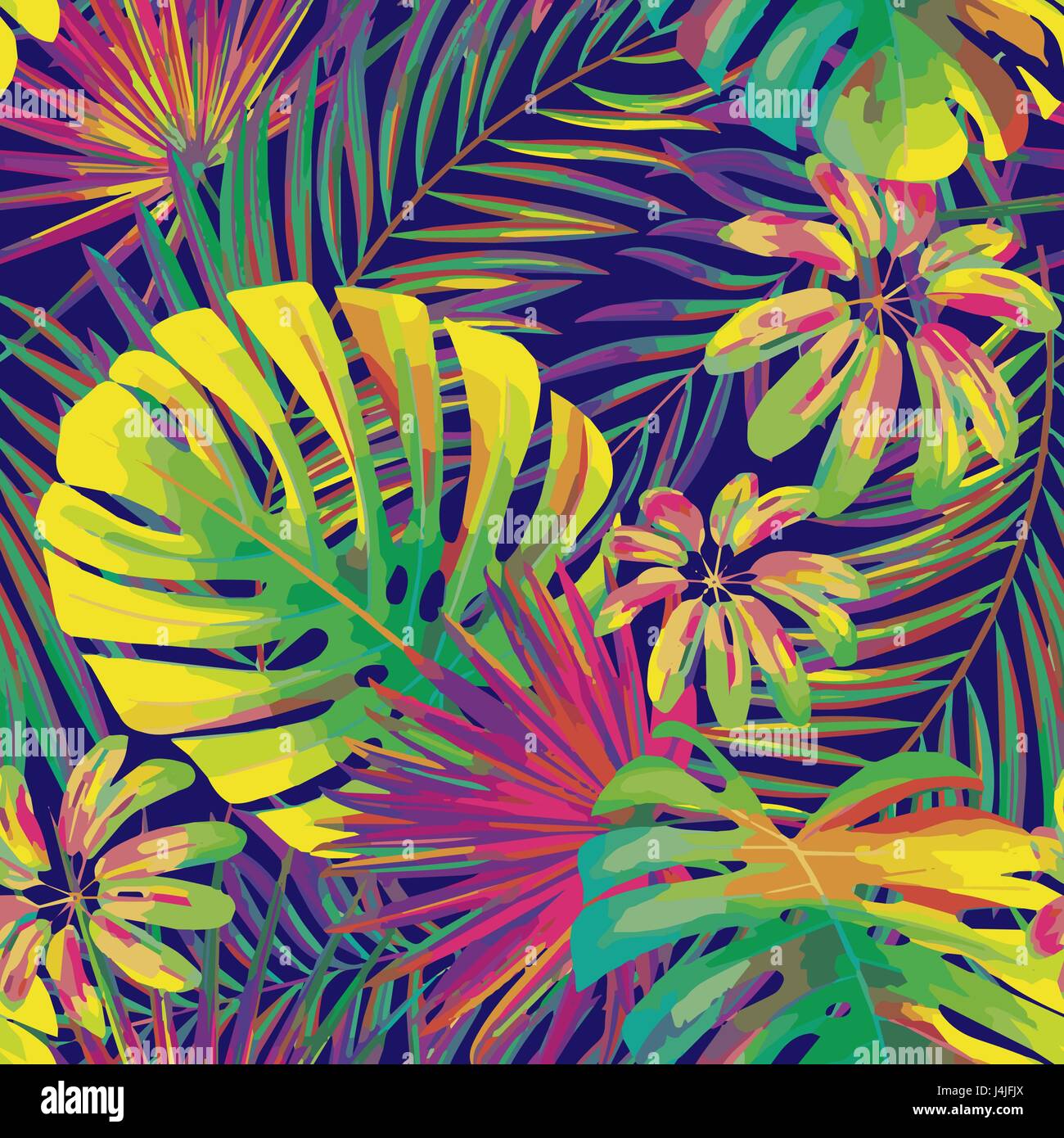 Vector seamless bellezze artistiche luminose modello tropicale con foglie di monstera, frond, split foglia, Philodendron, estate divertente spiaggia, originale colorato ed elegante sfondo floreale stampa, fantastica foresta Illustrazione Vettoriale