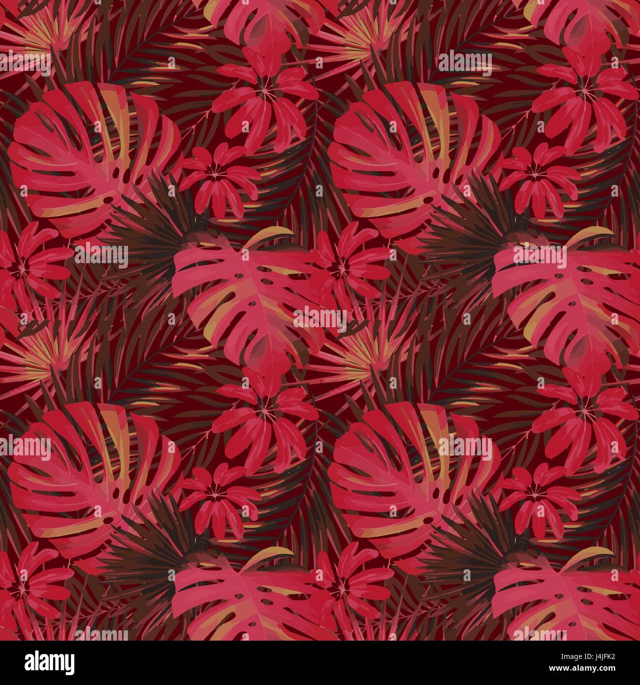 Vector seamless bellezze artistiche luminose modello tropicale con foglie di monstera, frond, split foglia, Philodendron, estate divertente spiaggia, originale colorato ed elegante sfondo floreale stampa, fantastica foresta Illustrazione Vettoriale