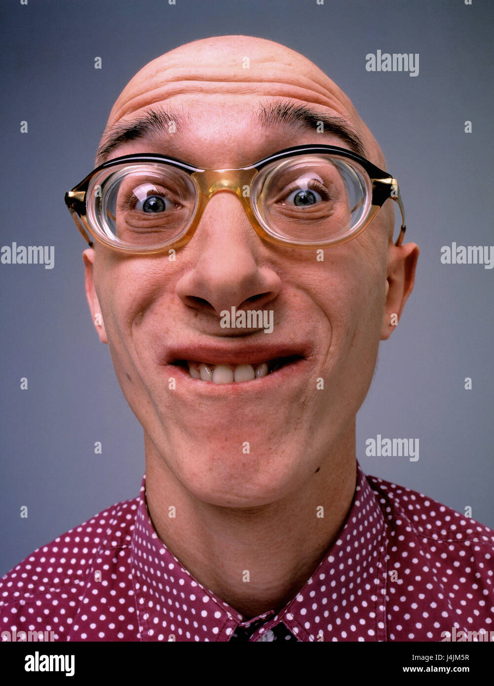 L'uomo, testa calva, occhiali, occhiali, fortemente, gioco del viso,  grimace, ritratto uomini, gli uomini, testa calva rasature, hairlessly,  visual help, lenti, fittamente, ottica, stranamente, maglietta, rigati,  studio Foto stock - Alamy