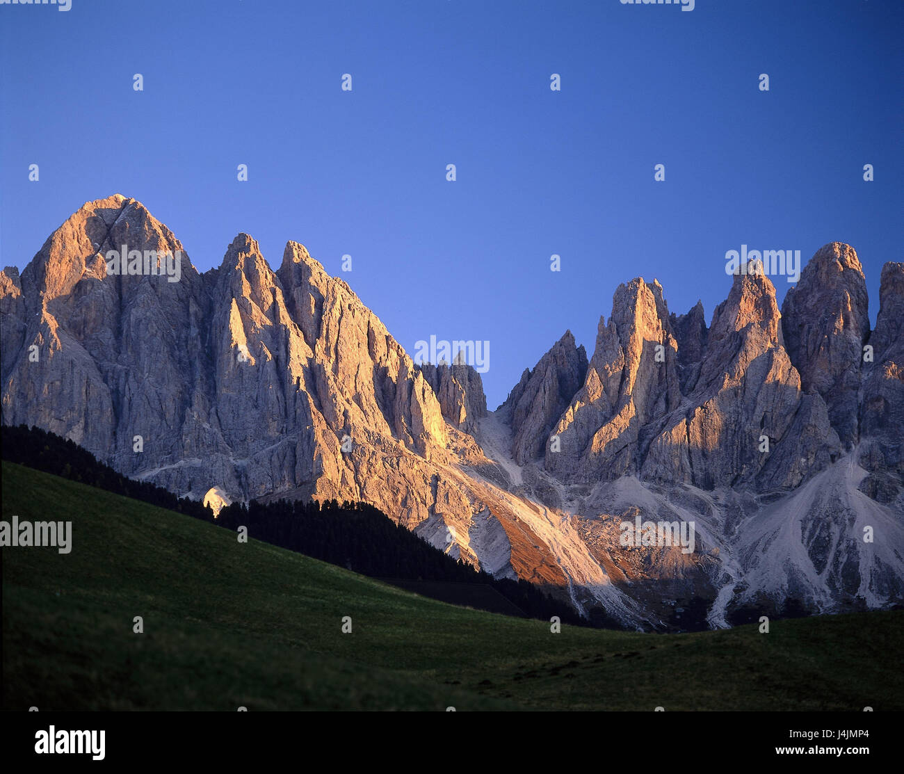 L'Italia, Sud Tirolo, Villnößtal, Dolomiti, Geislerspitzen, pascoli di montagna, luce della sera Europa, Nord Italia, Alto Adige, Alpi a sud delle Alpi, calce alpi, montagne, montagne, "Val di Funes', Vilnösstal, Geislergruppe, 'Gruppo depressione Odle', paesaggi, natura, summit, prati e pascoli di montagna, luce e ombra Foto Stock