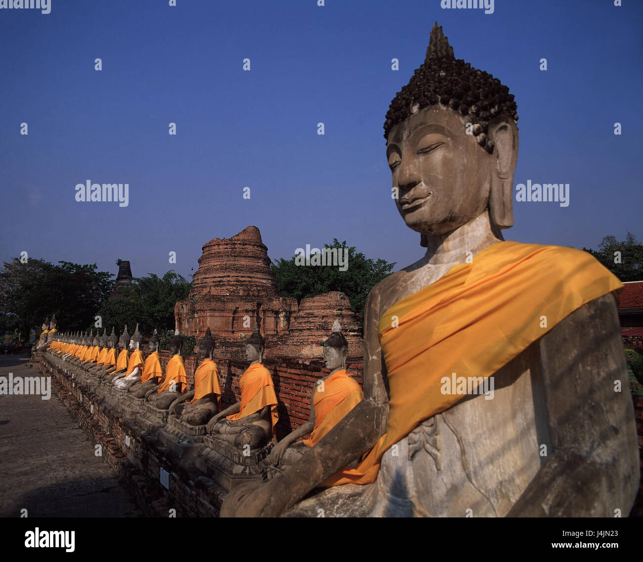 Thailandia, Ayutthaya, Wat Yai Chai Mongkhon fuori, Buddha, Buddismo, la fede, la religione, il Buddha i personaggi di Buddha, carattere, panni, giallo, luogo di interesse Foto Stock