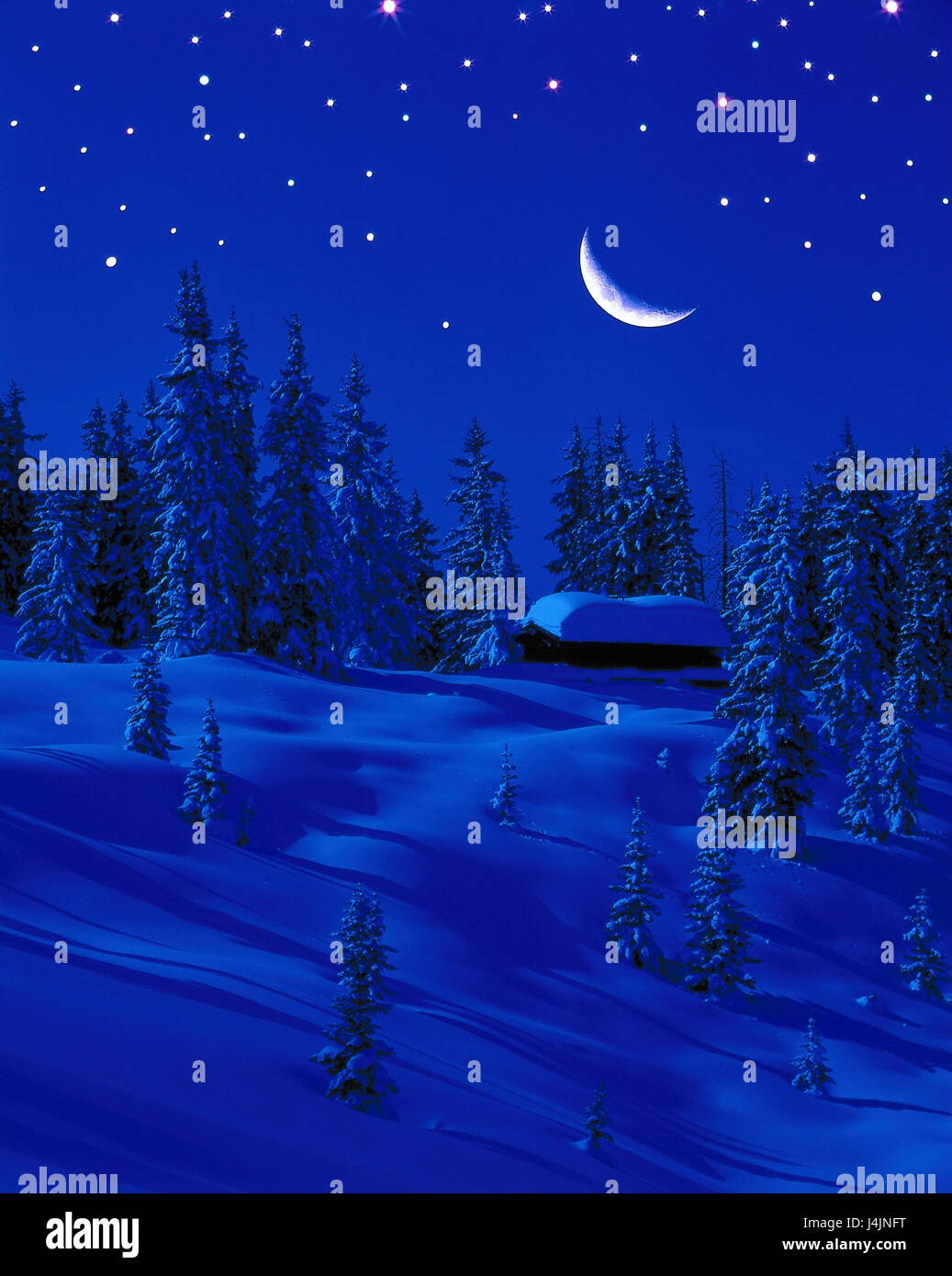 Legno, acciaierie di montagna, crescent, cielo stellato, inverno [M] paesaggio invernale, inclinazione, acciaierie, luna e stelle, tuning, neve coperti di neve, sera e notte, regolazione del colore, colore blu, inverno fiabe, libro per bambini titoli, stagione invernale, nevicata fresca, neve caps, intatta Foto Stock