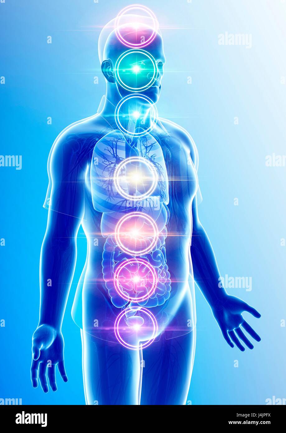 Illustrazione di Chakra punti energia. Foto Stock