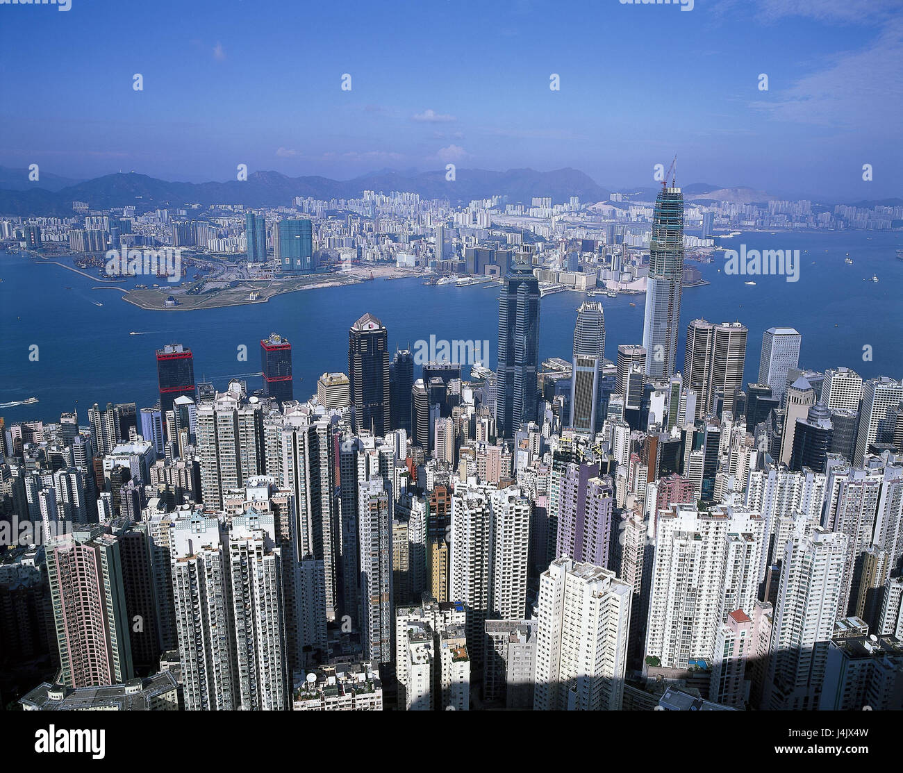 Cina, Hong Kong città panoramica, Victoria Harbour Asien, Hong Kong, Xianggang, Hsiangkang, città e metropoli, panoramica, case, alta sorge, edifici, Porto, porto Victoria, mare del Pacifico Foto Stock