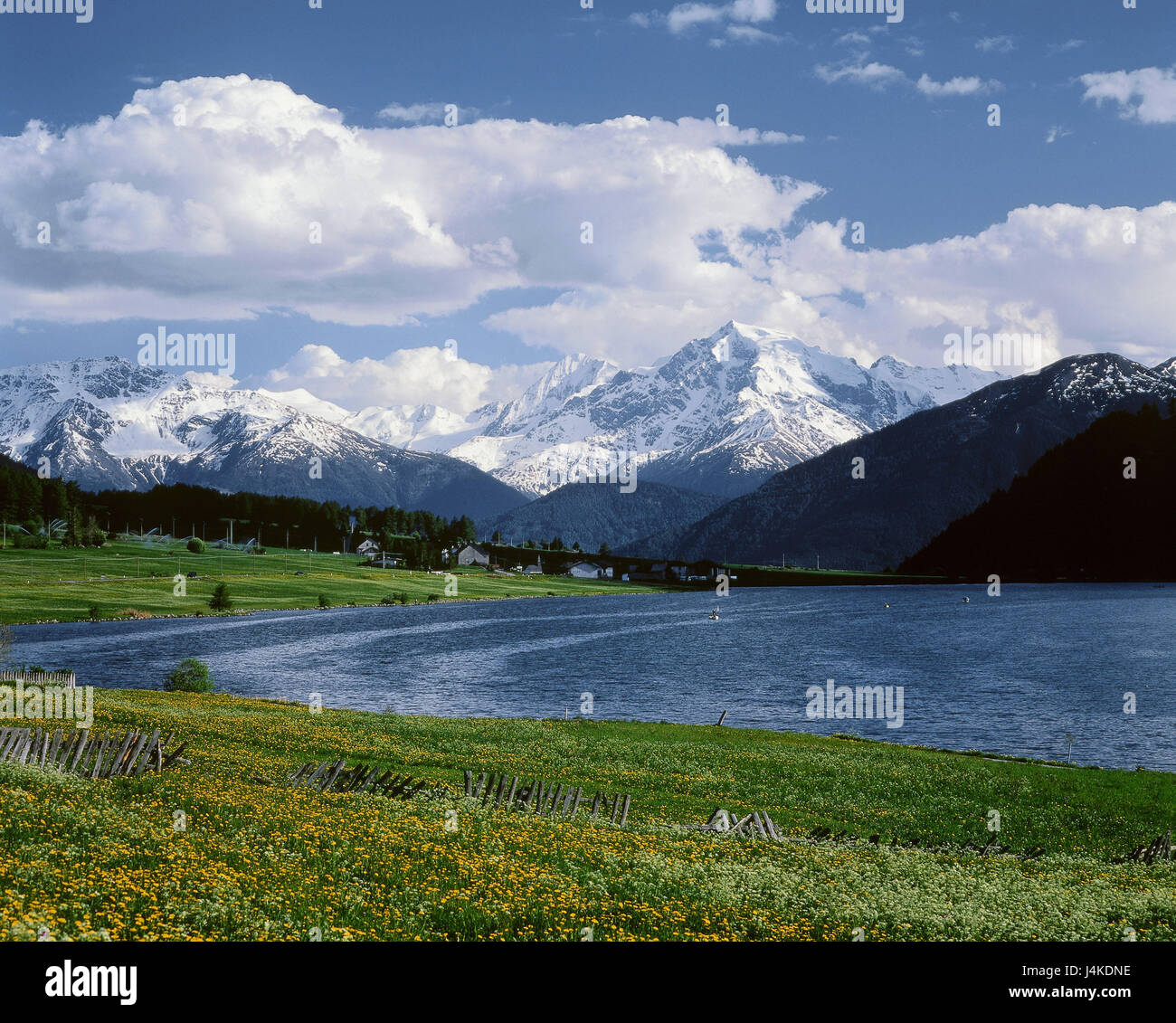 L'Italia, Sud Tirolo, Vintschgau, St. Valentin, Haidersee, Ortler, 3905 m d'Europa, alpi alpi centrali, Italia settentrionale, Alto Adige, Val Venosta Val Venosta, Saint Valentin, lago e montagne, il paesaggio di montagna, Ortlergruppe, montagna del massiccio, regione dei ghiacciai, cielo molto nuvoloso, panorama, estate Foto Stock