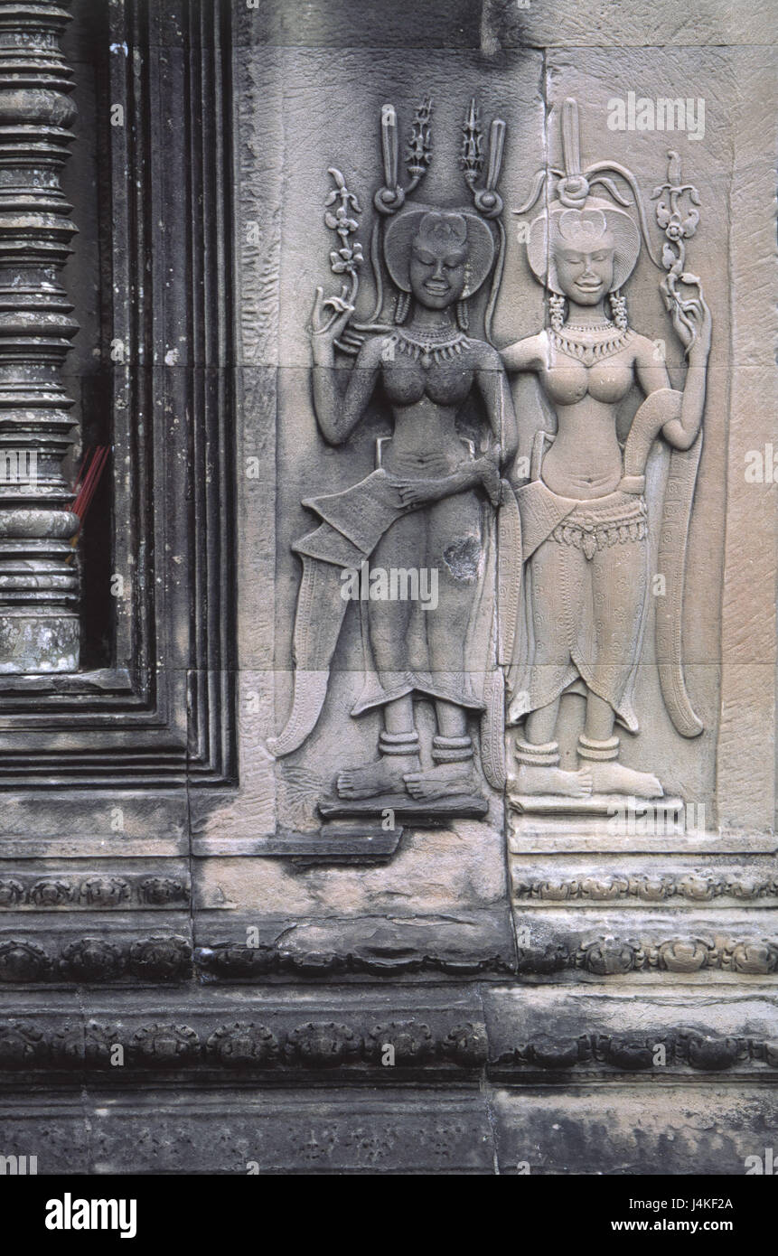 Cambogia Angkor Wat, tempio Khmer, dettaglio Apsaras nel sud-est asiatico, l'UNESCO-patrimonio culturale mondiale, tempio, struttura, architettura e cultura, parete sollievo, rilievo, rilievo gioielli, dio, i caratteri dei personaggi, arte, architettura, luogo di interesse Foto Stock