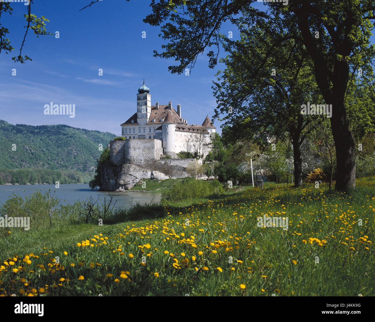 Austria Bassa Austria Wachau, castello Schönbühel, il Danubio vicino brook Aggs nel 1819 - 21, fiume, fortezza, il castello, la struttura, il luogo di interesse, architettura, stile architettonico, prato, tree Danubio di flusso Foto Stock