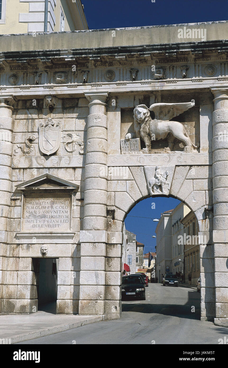 Croazia, Dalmazia, Zadar, Porta Terraferma Europa, Europa sud-orientale, la penisola balcanica, Penisola balcanica, Republika Hrvatska, Dalmatische costa, Norddalmatien, Zara, gate, Town Gate, rilievo, alato leone veneziano, leone la scultura, Lion's carattere, arte, cultura, luogo di interesse Foto Stock