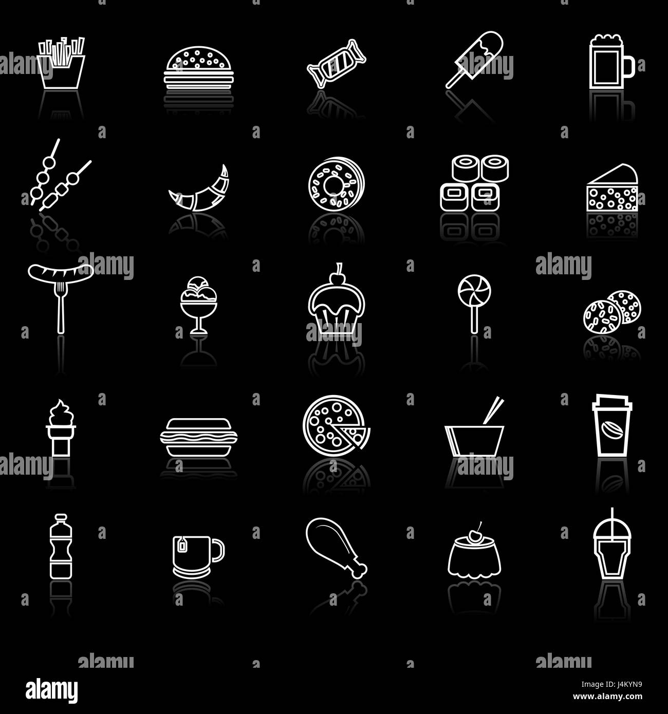 Fast food linea con icone di riflettere su sfondo nero, vettore di stock Illustrazione Vettoriale