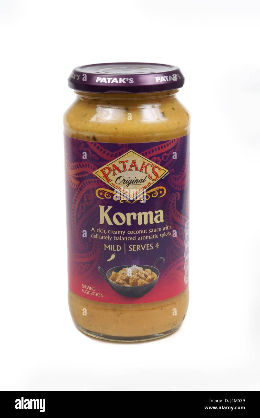 Patak Korma del sugo di cottura parte del Patak della gamma di salse di proprietà di British Foods Foto Stock