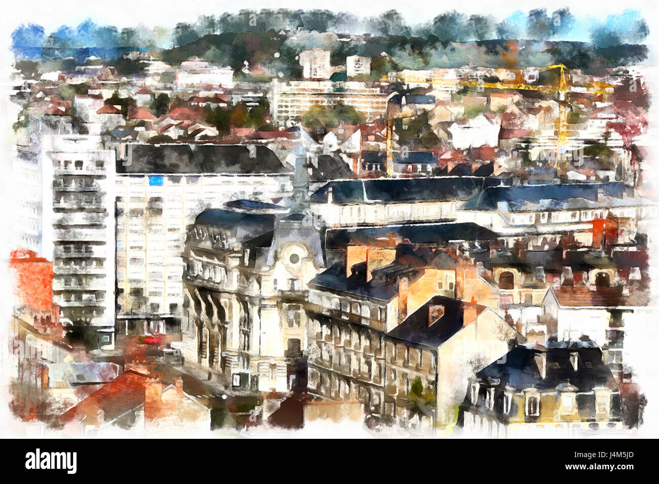 Colorato la pittura di paesaggio urbano vista aerea, Dijon, Francia Foto Stock