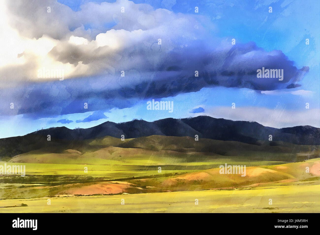 Colorato la pittura di paesaggio con montagne vicino Bulgan, Mongolia Foto Stock