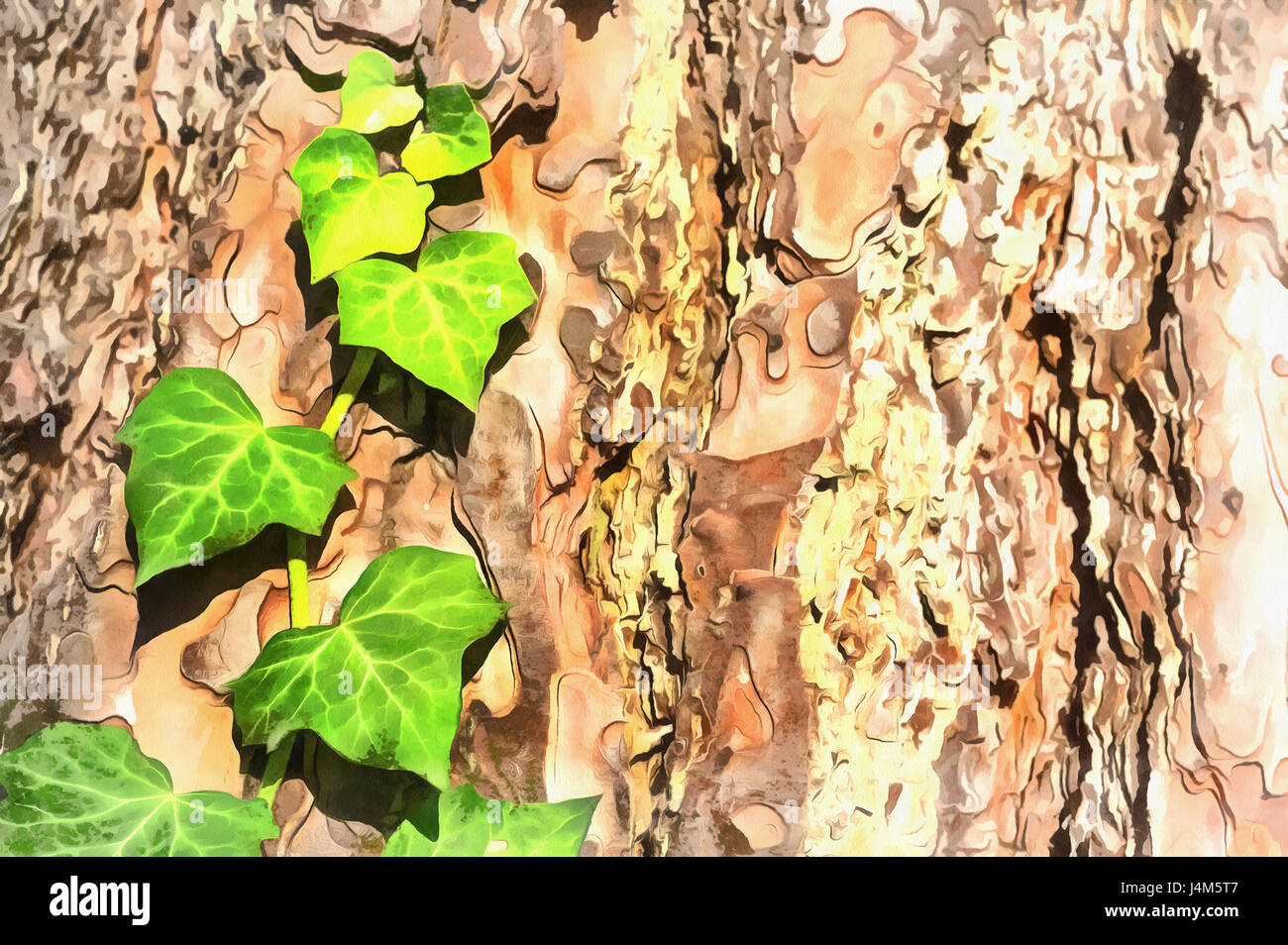 Pittura colorata del vecchio albero corteccia texture con pianta verde Foto Stock