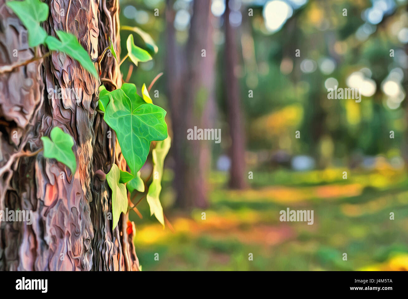 Pittura colorata del vecchio albero corteccia texture con pianta verde Foto Stock