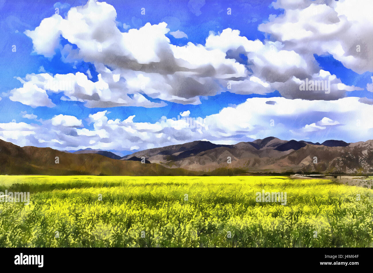Colorato la pittura di paesaggio con montagne, Tibet, Cina Foto Stock