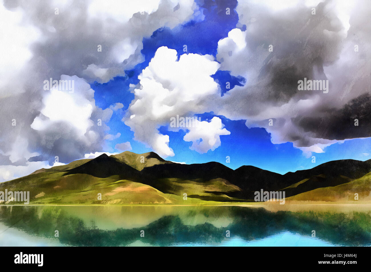 Bellissimo paesaggio con lago Yamdrok e montagne colorate di pittura, Tibet, Cina Foto Stock