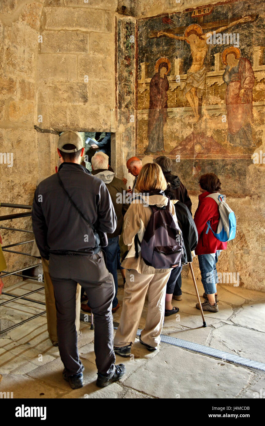 La Crocifissione affresco nel Castello di Kolossi, un ex roccaforte dei crociati sul bordo del villaggio di Kolossi, Limassol District, isola di Cipro. Foto Stock