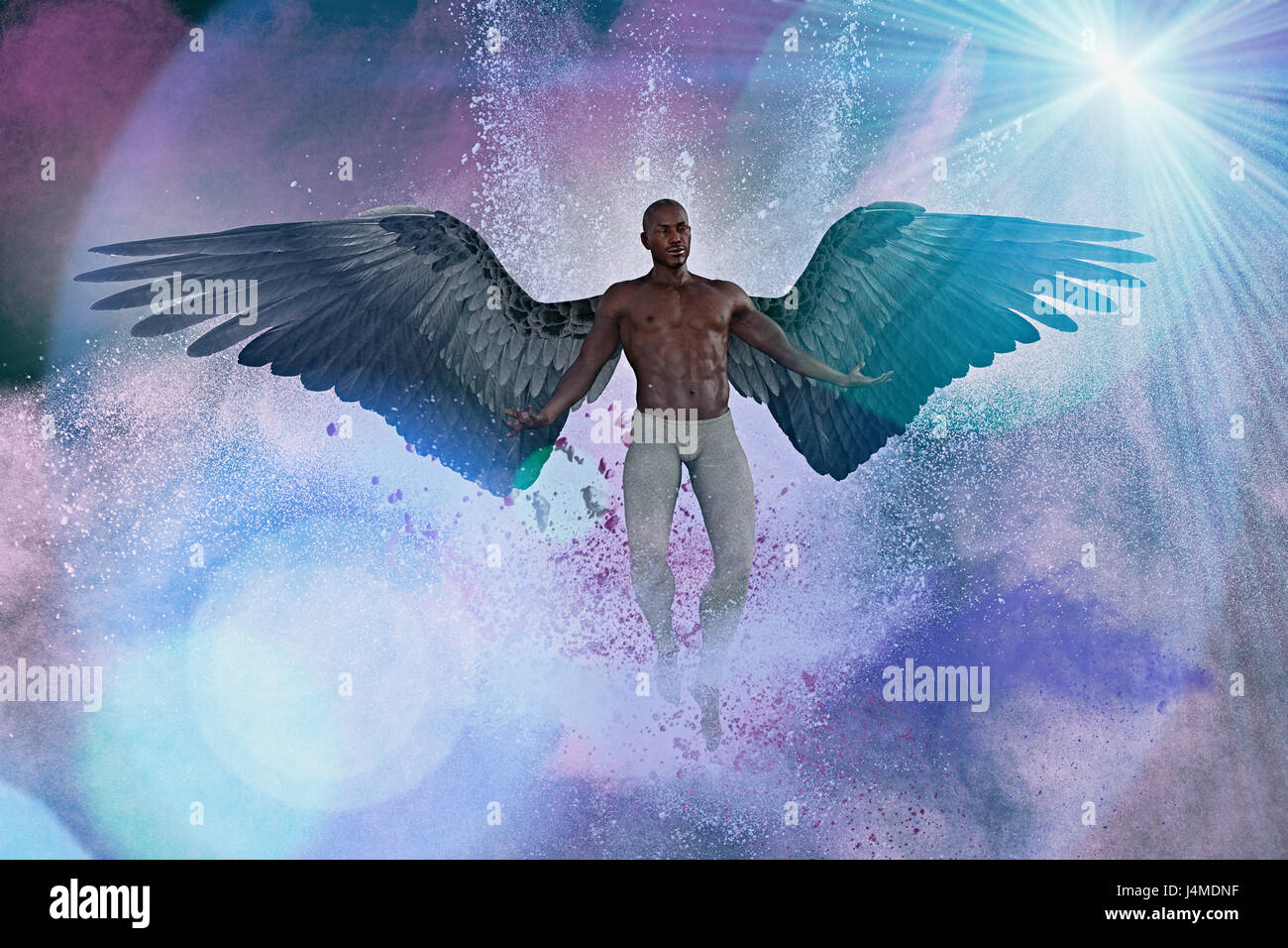 Uomo con ali d'angelo vola nel cielo viola Foto stock - Alamy