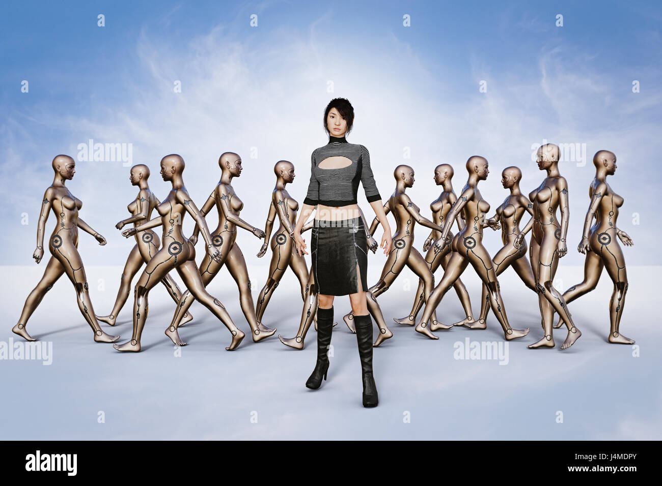 Ritratto di donna in piedi di fronte a walking robots Foto Stock