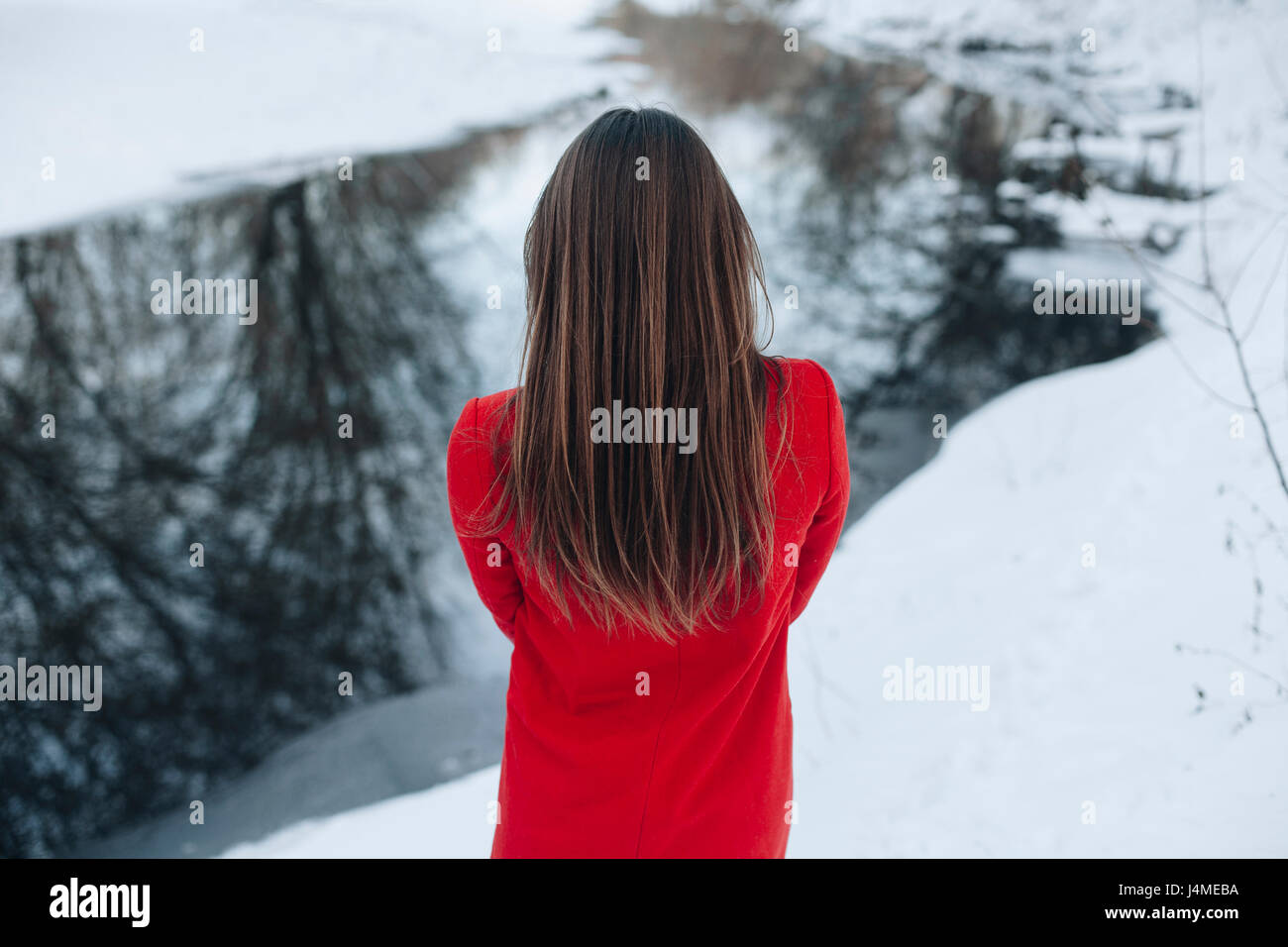 Vista posteriore di soggetti di razza caucasica donna con capelli lunghi nella neve Foto Stock