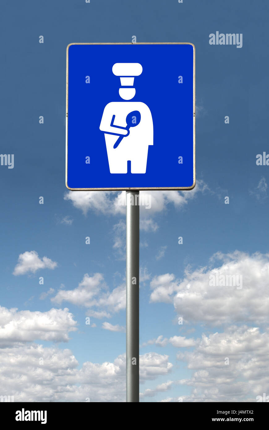 Segno, icona, cucinare, blu-bianco, cielo nuvoloso [M] suggerimento bambino, icona, concezione, i piani di carriera, profilo lavoro, hotel cook, chef, Cook, valutazione commerciale, ristorante, Gastronomia, carriera programmata, professione, di cucina, di composizione Foto Stock